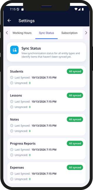 Settings and sync status in the app