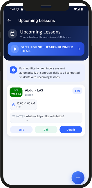 Upcoming lessons app screenshot