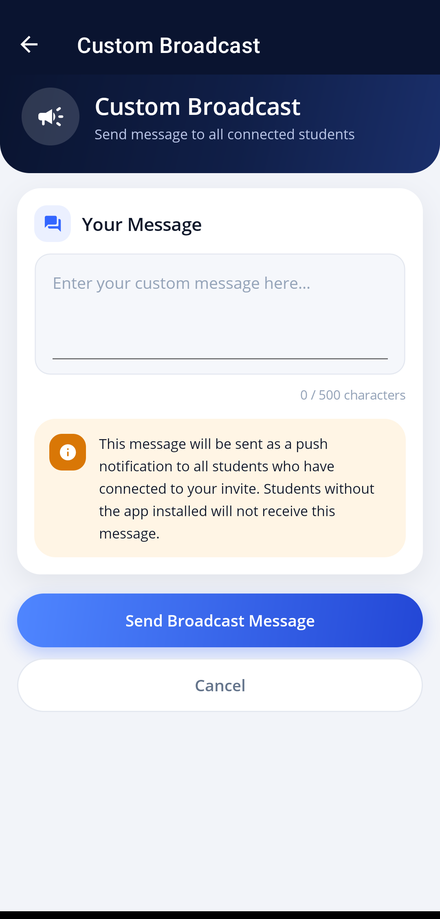 The Custom Broadcast screen in the app, with the message box and character counter