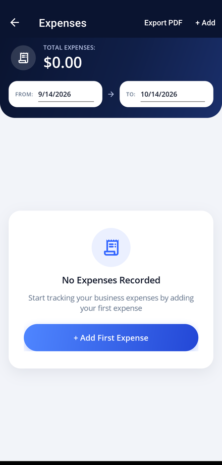 The Expenses screen in the app, with the period total and the add expense empty state