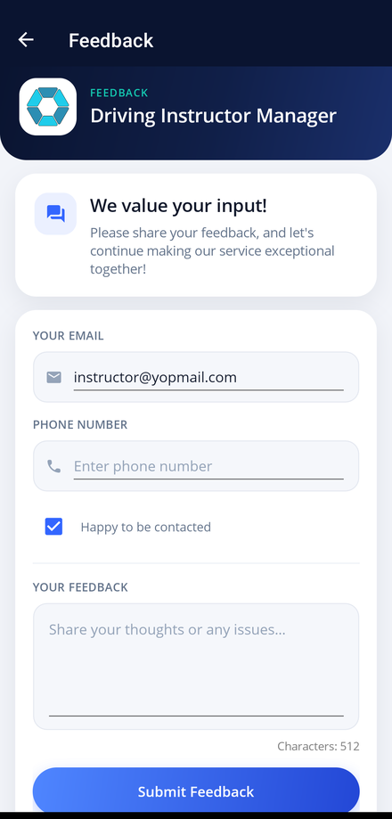 The Feedback screen in the app, with the message box and contact preference