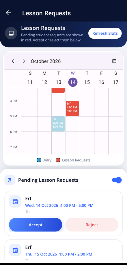 The Lesson Requests screen in the app, showing pending requests against the weekly diary