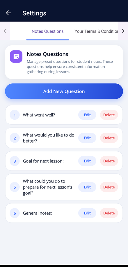 The Settings screen in the app, showing the preset note questions you can edit