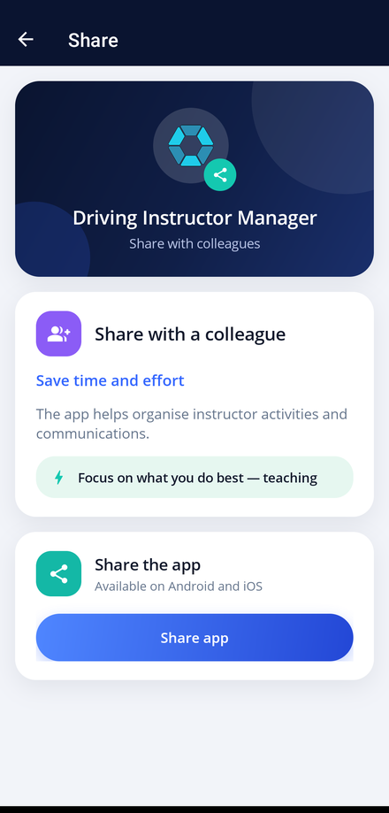 The Share screen in the app, with colleague and student sharing options