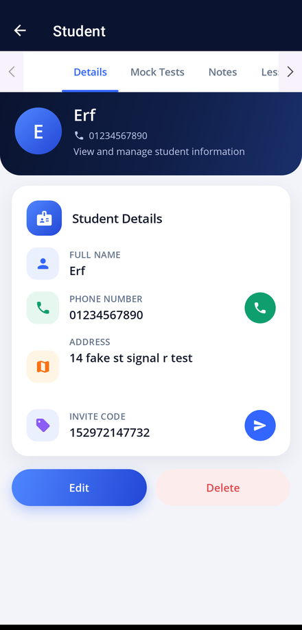 A student record in the app, showing contact details, invite code and the record tabs