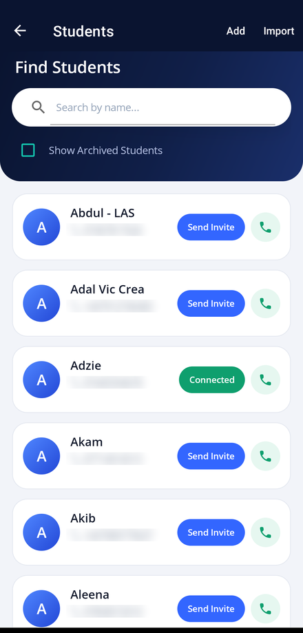 The Students screen in the app, with search, add and import tools above the student list