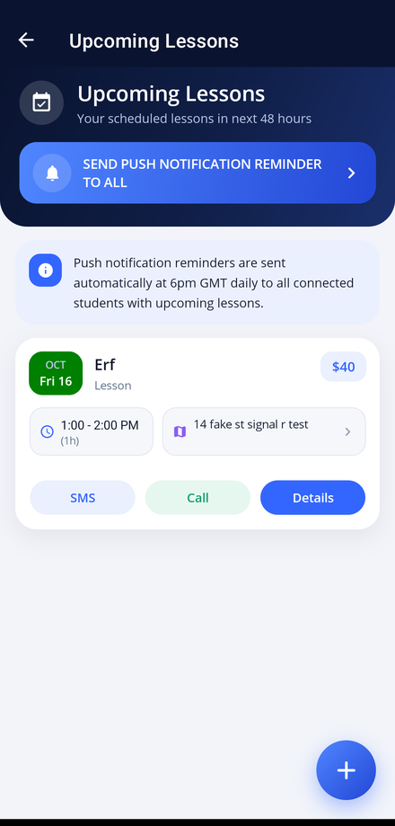 The Upcoming Lessons screen in the app, listing the next 48 hours of lessons