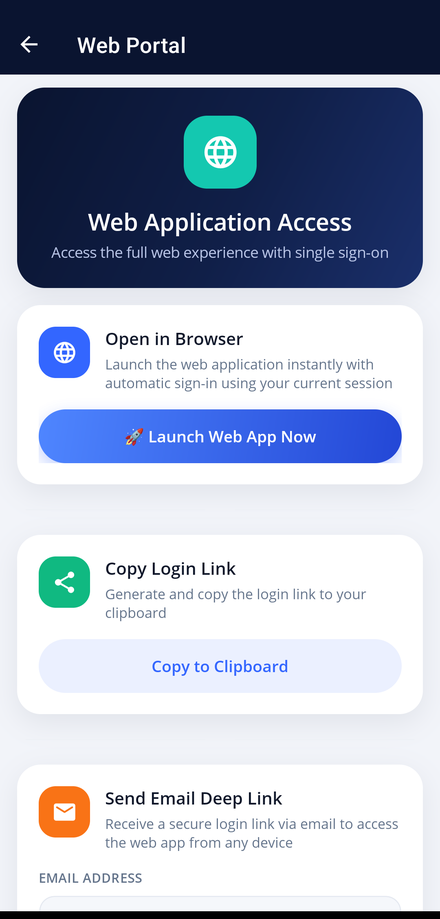 The Web Portal screen in the app, offering browser launch, clipboard link and email link