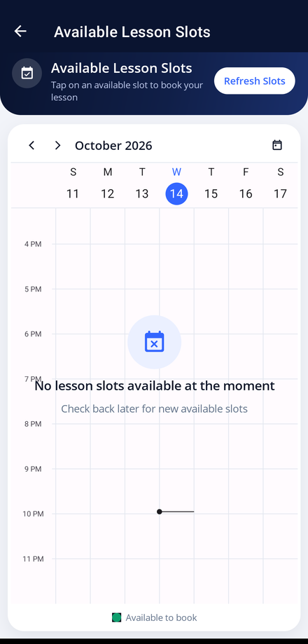 The student View Available Slots screen, showing the weekly diary of released slots