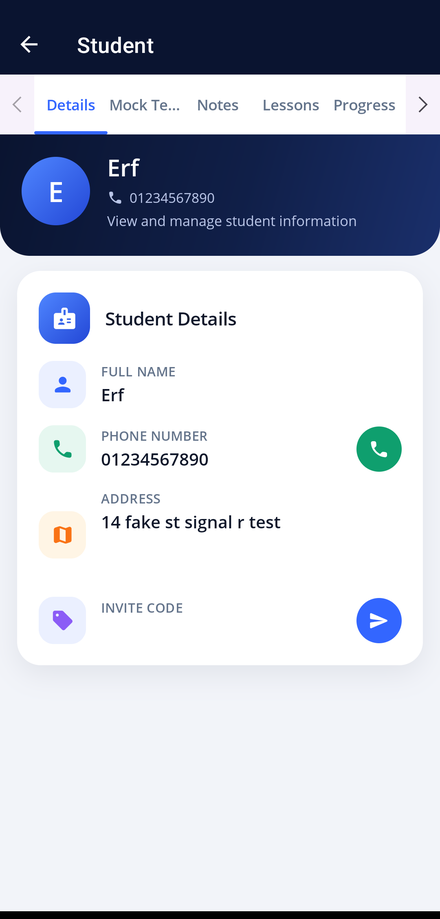 The student Details screen in the app, showing contact details and the record tabs