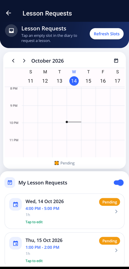 Requesting a lesson in the student app