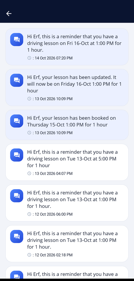 The student Messages feed in the app, listing lesson reminders and booking updates